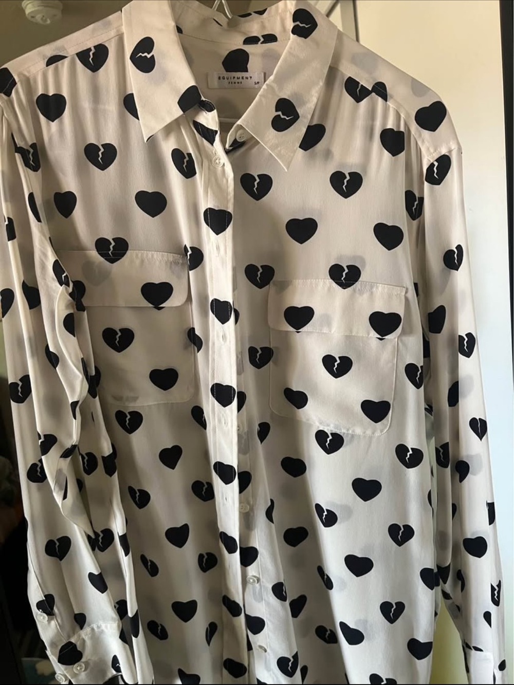 Equipment Cream Button-Down Shirt with Black Heart Print
